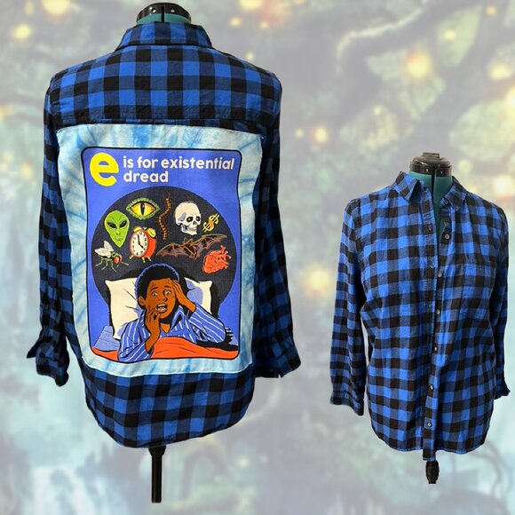 One-of-a-Kind Existential Dread Flannel | Upcycled Patchwork | Size XL - Picture 1 of 5